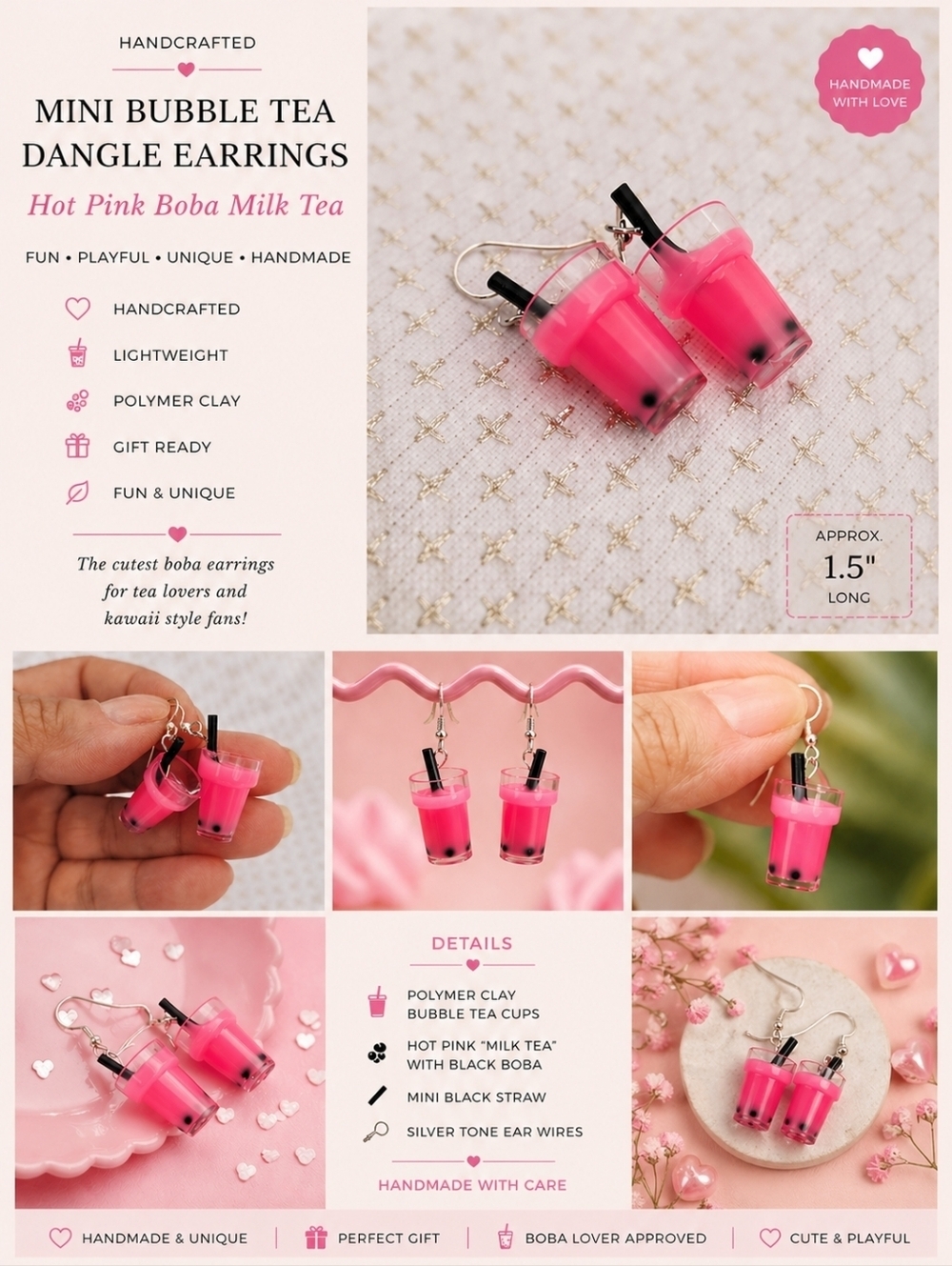 Handcrafted Mini Bubble Tea Dangle Earrings Hot Pink Boba Milk Tea Jar Straw